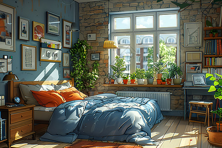 温馨卧室温馨阳光的的卧室插画