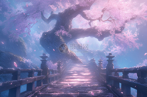 神秘的木桥和樱花树图片