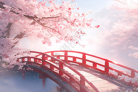 水面上的木桥和花树图片