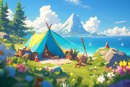 湖泊岸边的帐篷插画图片