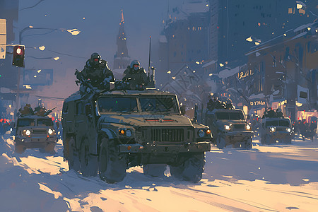 雪地中的士兵和车辆背景图片