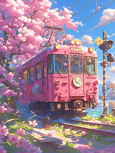 樱花树下的列车图片