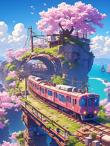 樱花树下行驶的火车图片