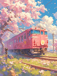 樱花树下的火车图片