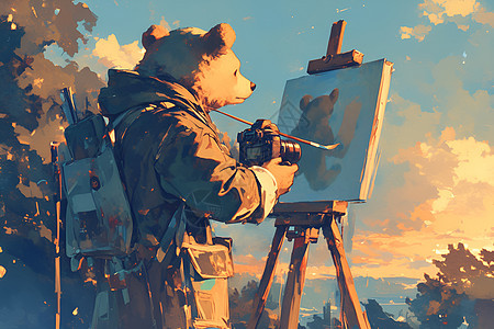 熊艺术家在户外画画图片