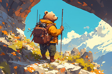 登山协作勇敢的熊探险家插画
