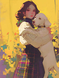 动画少女抱着一只白色小狗图片