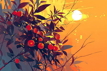 夕阳下的红色柿子树图片