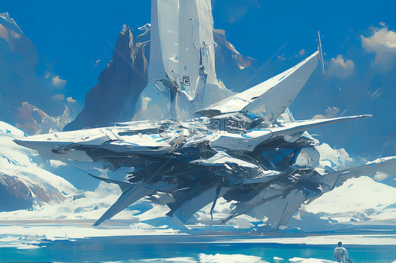 冰山间悬浮着一艘未来飞船图片