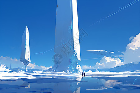 冰上停靠的白色方尖碑飞船图片