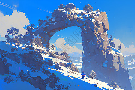 旭日照耀下的雪景石拱门图片