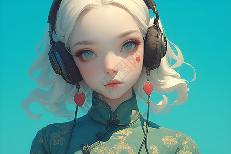 白发娃娃戴着耳机图片