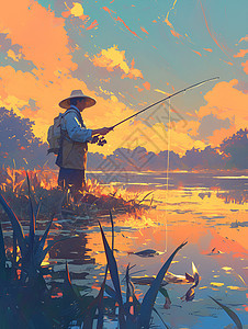 湖畔捕鱼的男子图片