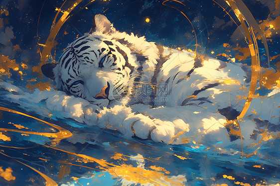 白虎平静地躺在水面上图片