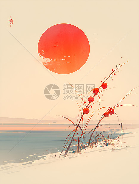 夕阳下的植物插画图片