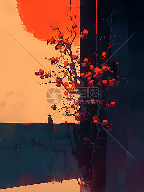 夕阳下的红柿子与树枝图片