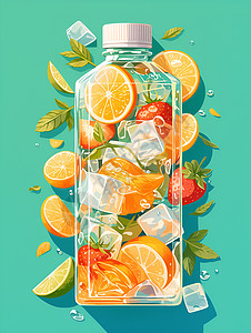 橙子草莓果汁盛装的玻璃瓶图片