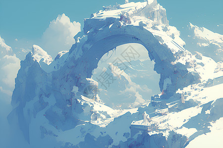 晨曦之下的雪山中石拱图片