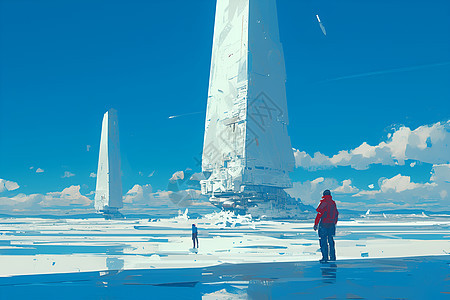 冰上白色塔楼旁男子眺望天空图片