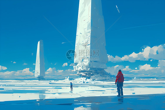 冰上白色塔楼旁男子眺望天空图片