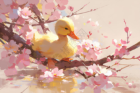 樱花中的小鸭子图片
