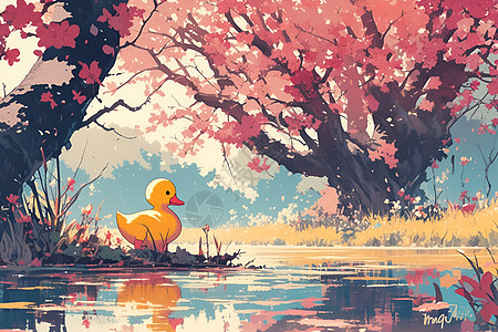 春日嬉戏在河边的小鸭图片