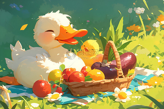 春日野鸭与鸭崽儿一起享用丰盛的野餐图片