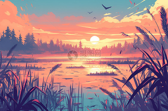 日落时的湖泊插画图片