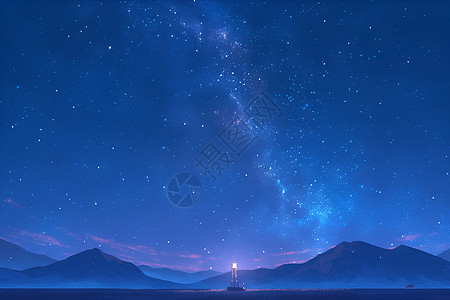 灯塔在无垠夜空中图片素材