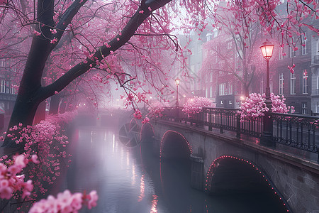 樱花树花瓣飘落河岸边的樱花树背景