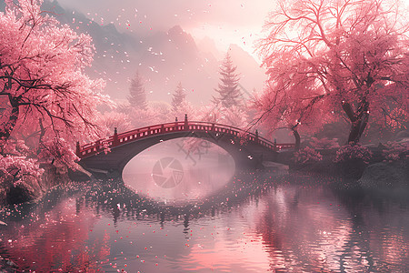 桥边的樱花树图片