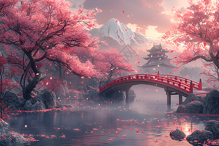 樱花树下的桥景高清图片