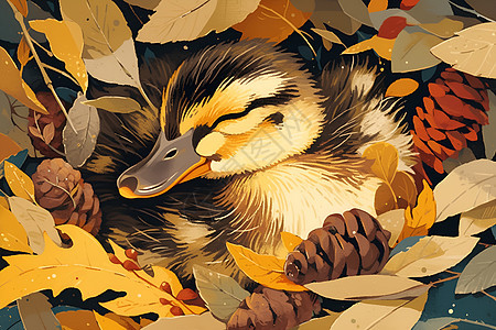 在落叶中休息的鸭子图片