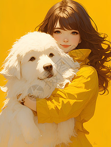 黄色背景下一个女孩和白狗图片