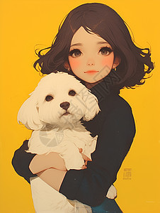女孩怀抱着一只白色狗图片