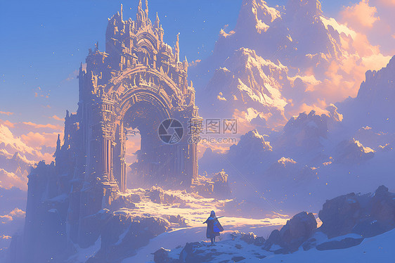 雪山石门下的晨曦图片