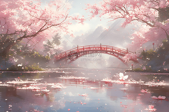 桥上樱花绽放图片