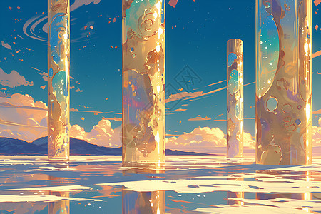 湖面上的金色柱子图片