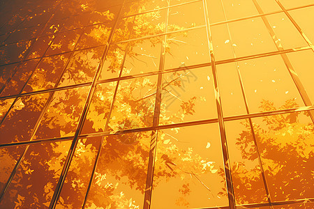 秋日红叶映照在窗户上图片