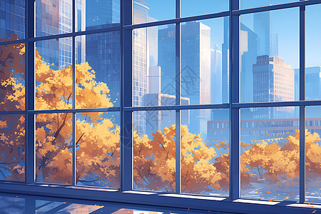 城市建筑窗前的秋叶图片