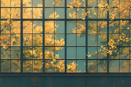 玻璃窗户前的秋叶图片