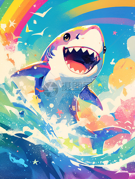 彩虹波浪里的鲨鱼图片