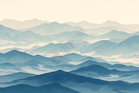 阳光草地迷雾中的山脉插画