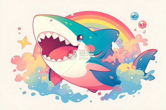 鲨鱼在彩虹波浪里玩耍图片
