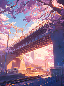 夕阳下的樱花桥高清图片