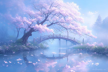 桥上的樱花树图片