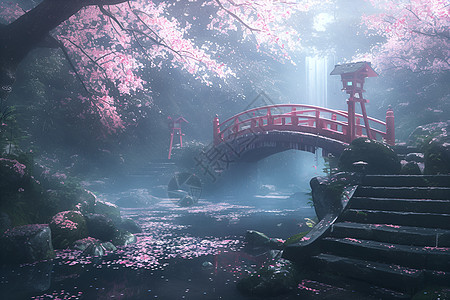 樱花树下的桥梁图片