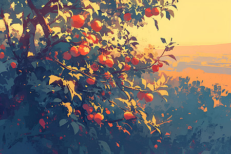 夕阳下的红柿子树图片