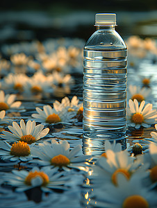 清澈池塘中的水瓶图片