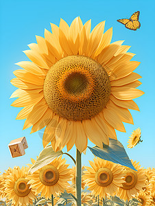 夏日盛放太阳花与蓝天蝴蝶图片